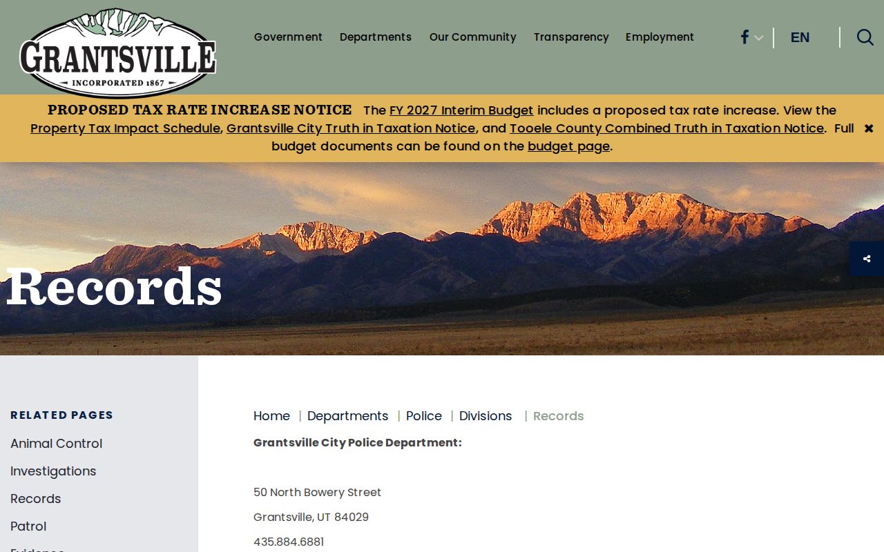 Grantsville City Police records page for official arrest-record requests in Tooele County