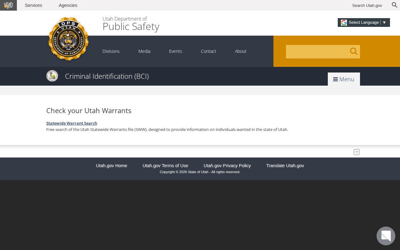 Utah statewide warrant search interface for Tooele County warrant checks
