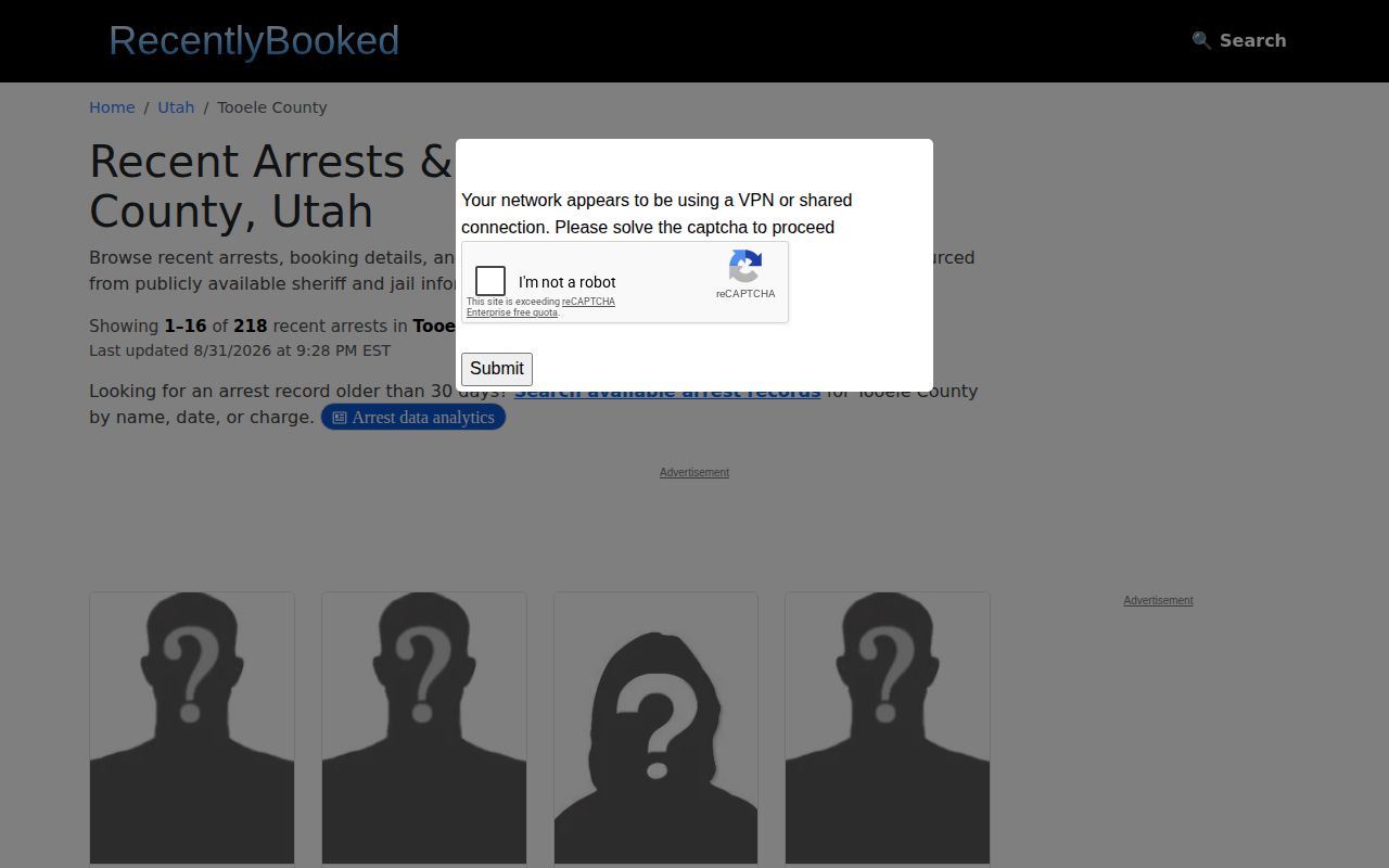 RecentlyBooked Tooele County unofficial booking listings interface