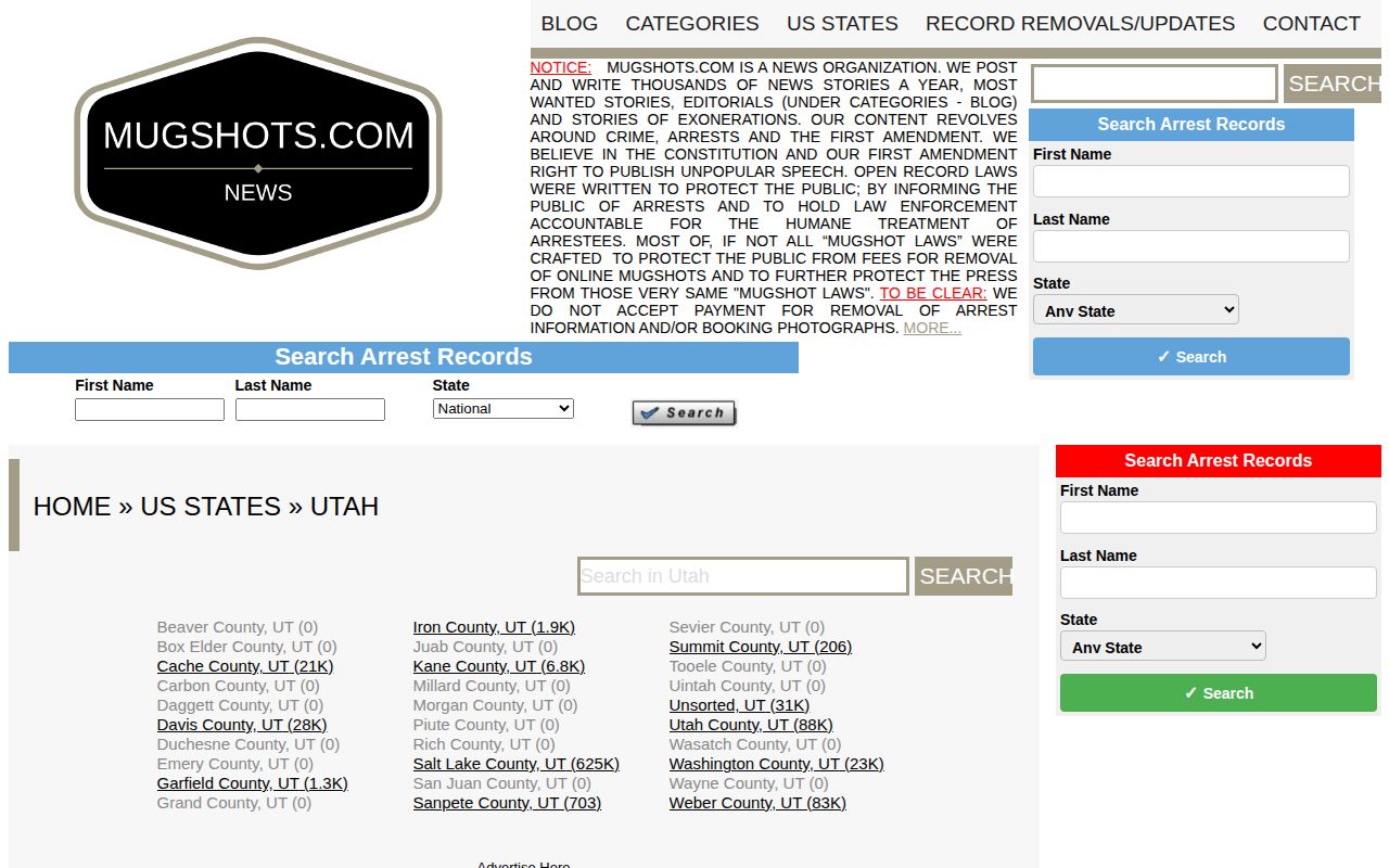 Mugshots.com Utah index showing Tooele County coverage status