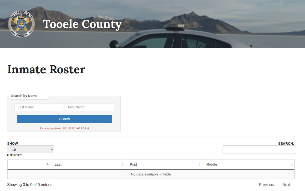 Tooele County current-custody roster search interface for booking record lookup